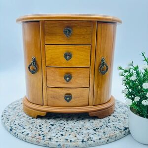 Vintage Mele Wooden Jewelry Box Armoire Heart Hardware Red Velvet Lining Mirror